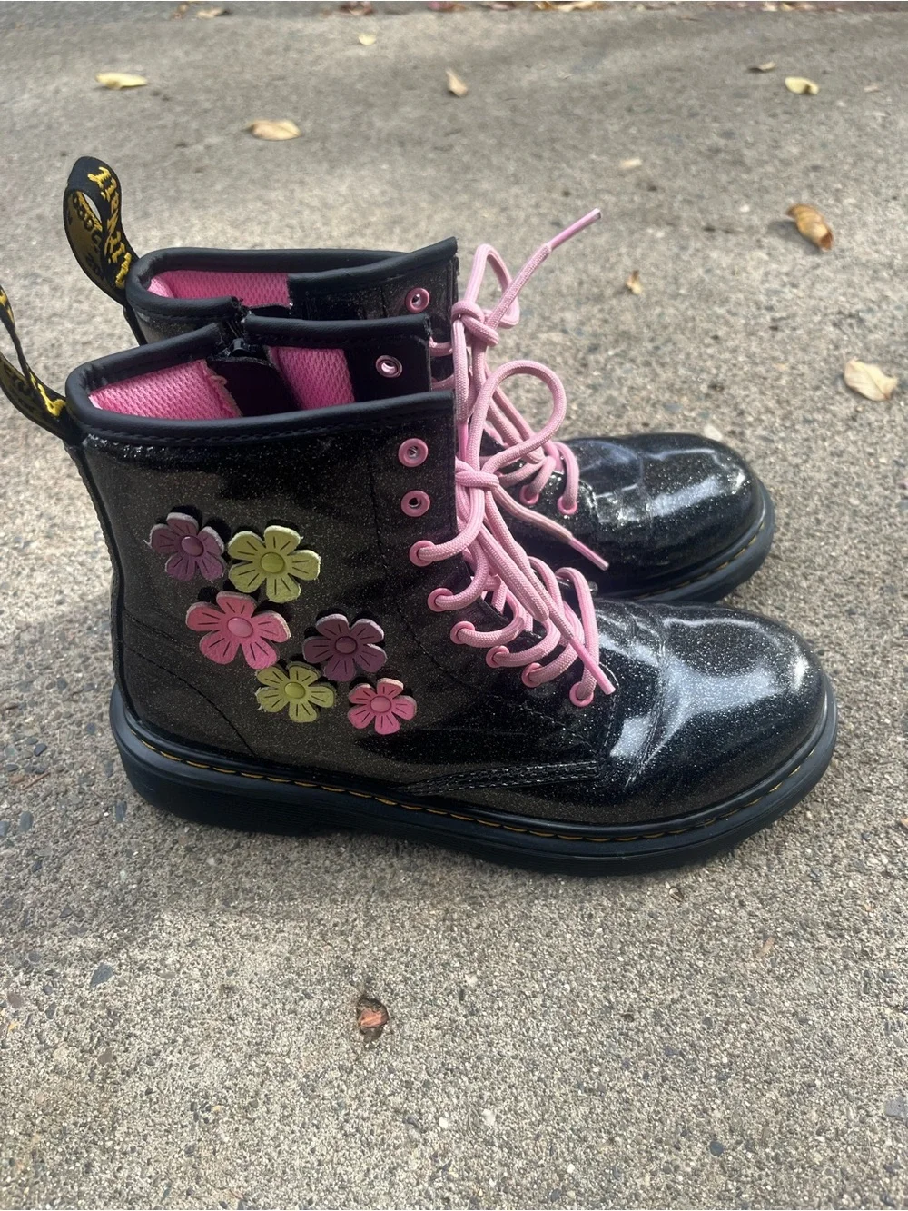 Dr. Marten’s Kids Black Glitter Lace-Up Boots with Pink Accents Size 4